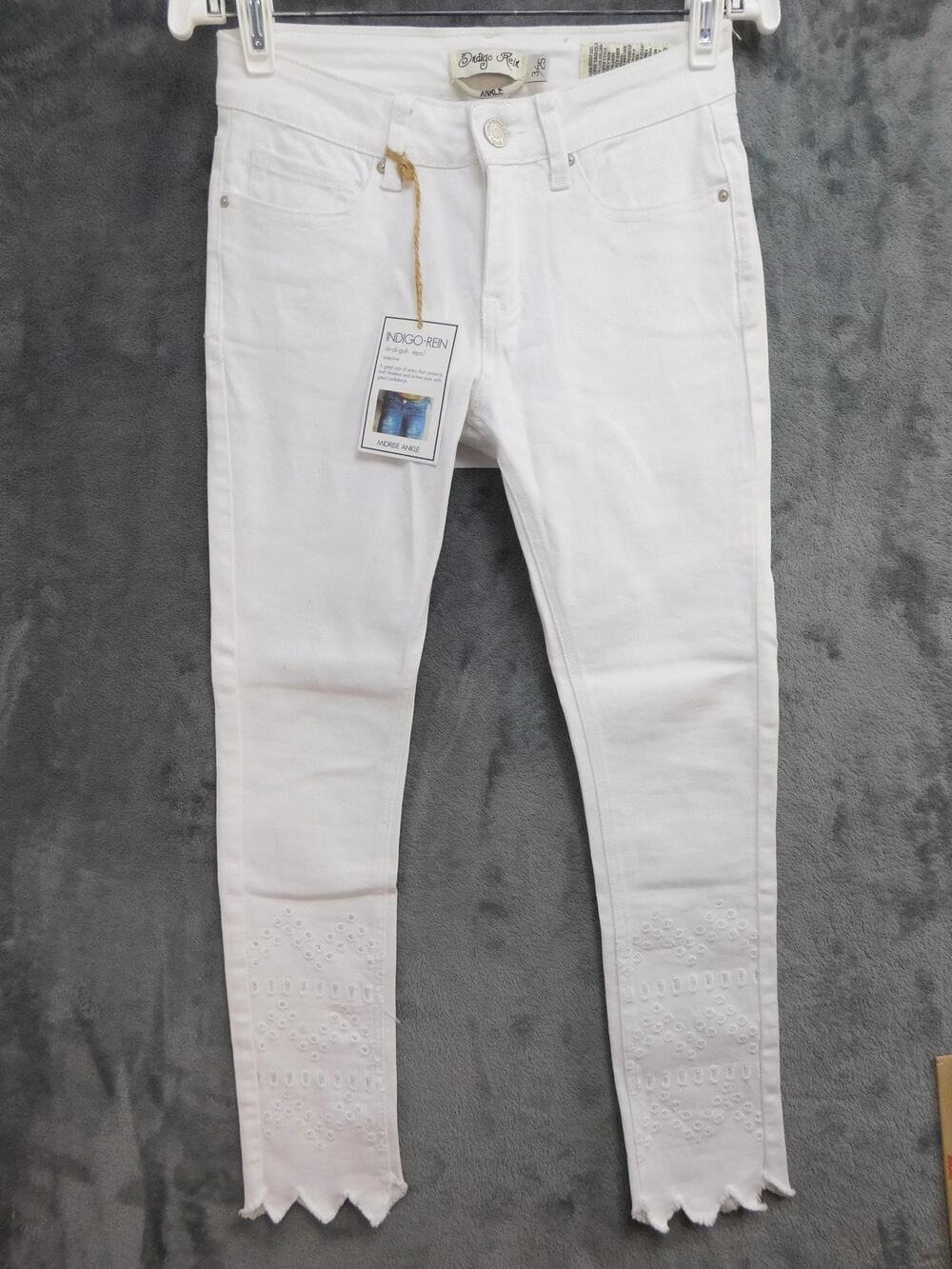 Indigo Rein Jeans Womens 3/25 White Midrise Ankle Slim Embroidered 25.5 Inseam